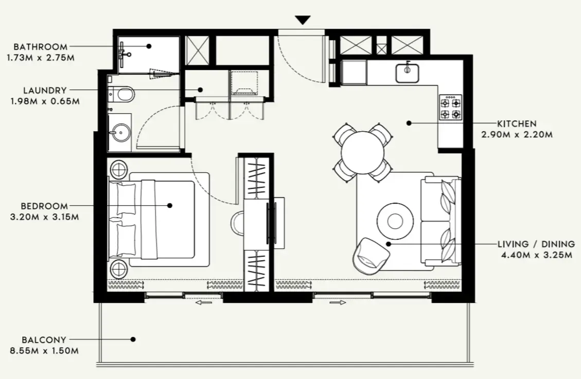 Beach Oasis 1 and 2 1 bed floor plan, 677 sqft