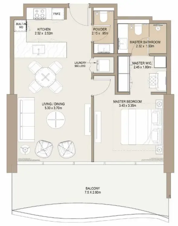 Laguna Residence 1 bed floor plan, 909 sqft