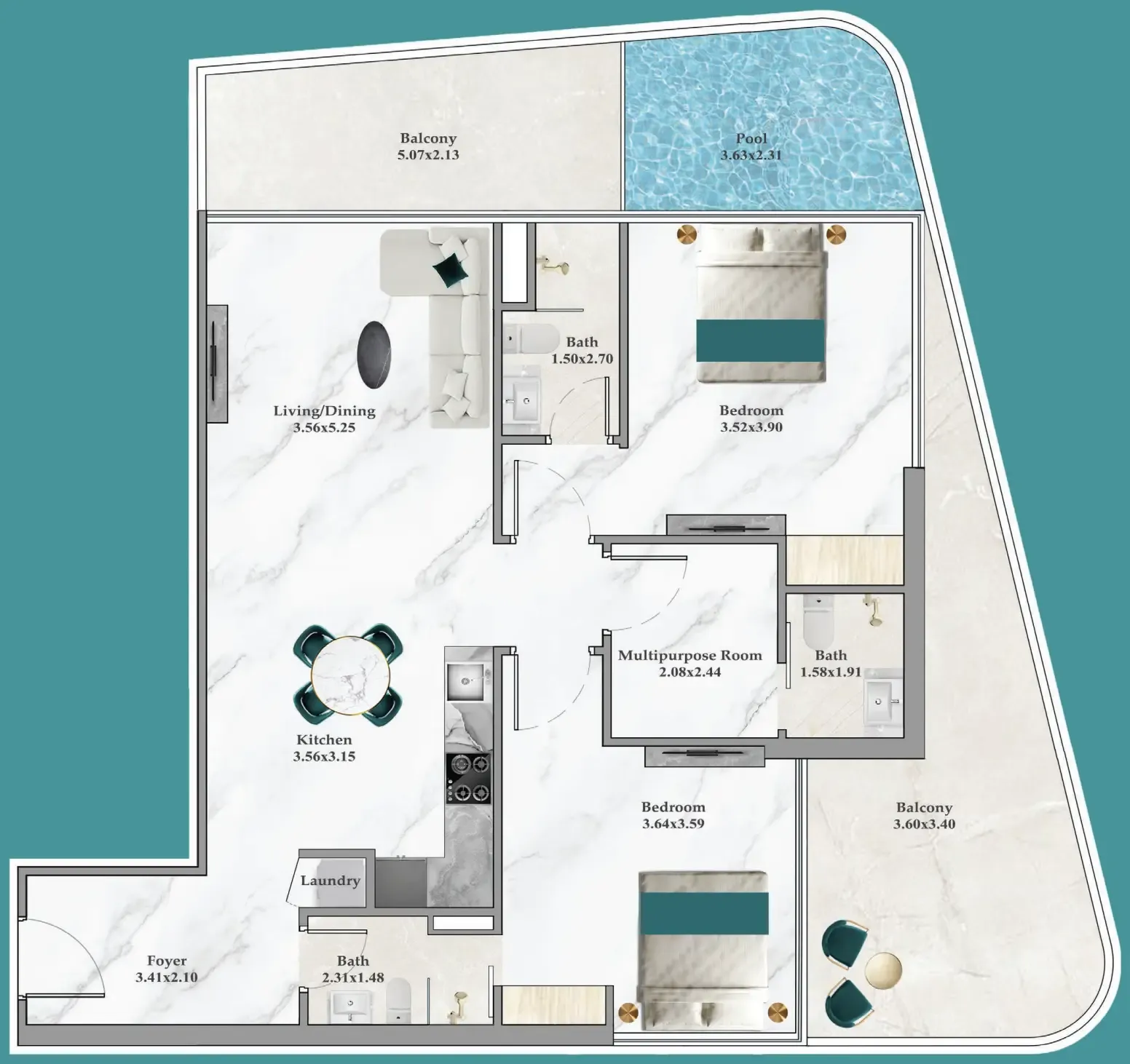Breez 2 bed floor plan, 1,277 sqft