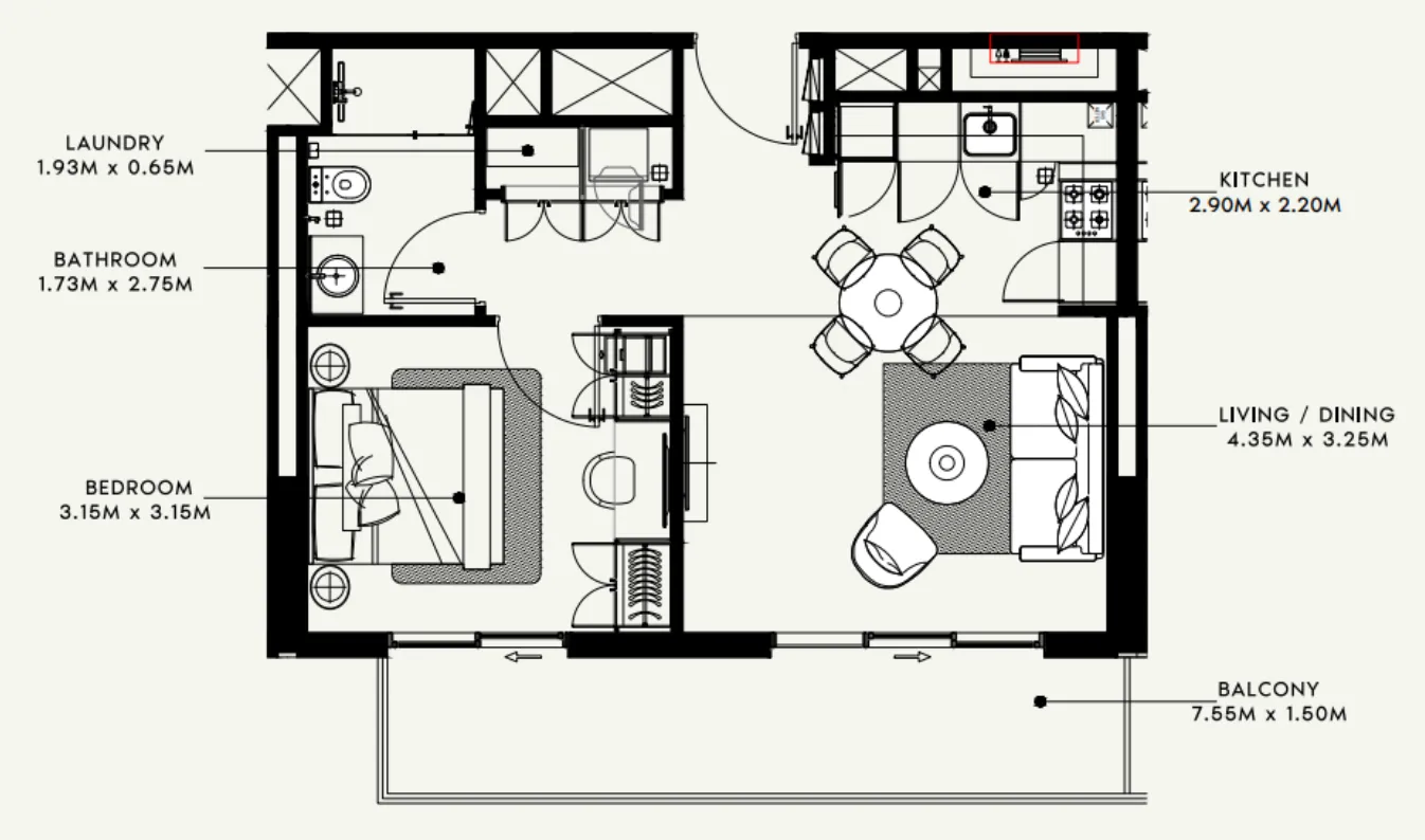 Beach Oasis 1 and 2 1 bed floor plan, 659 – 660 sqft
