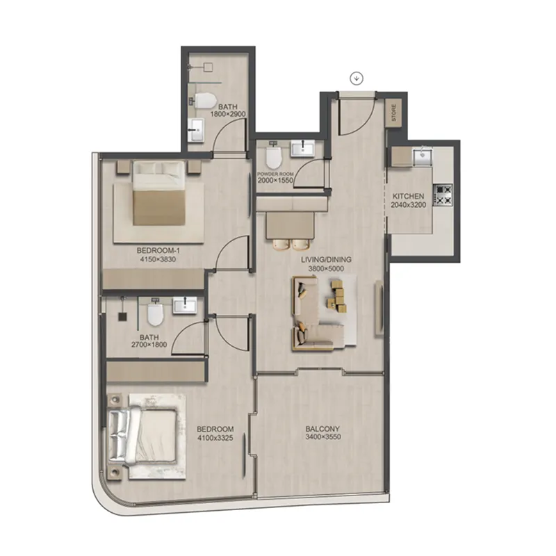 J188 2 bed floor plan, 1,104 sqft