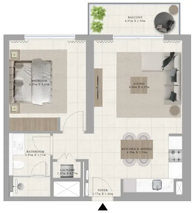 Greenside Residence 1 bed floor plan, 743 sqft