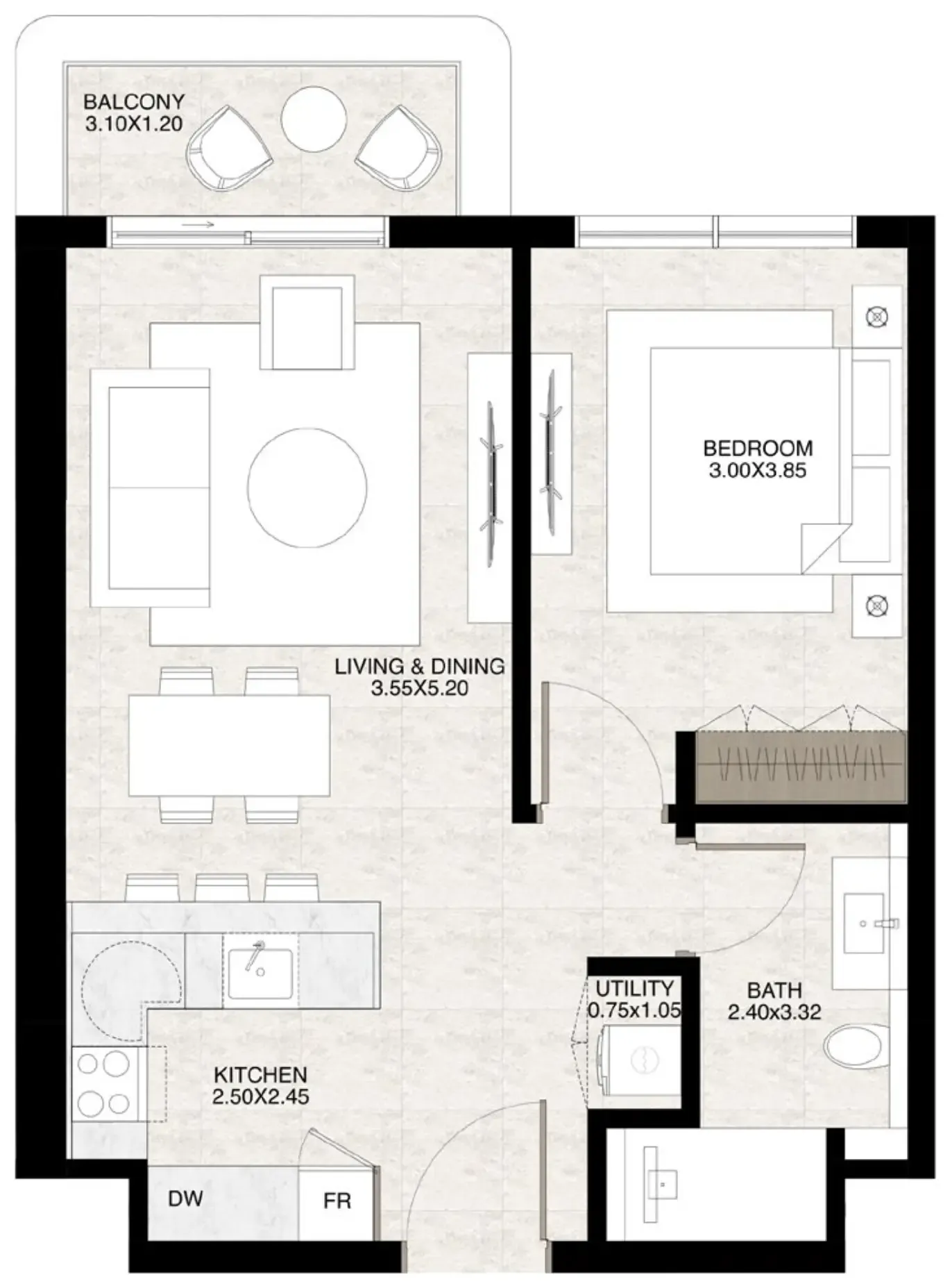 The Strand Lunara 1 bed floor plan, 631 – 648 sqft