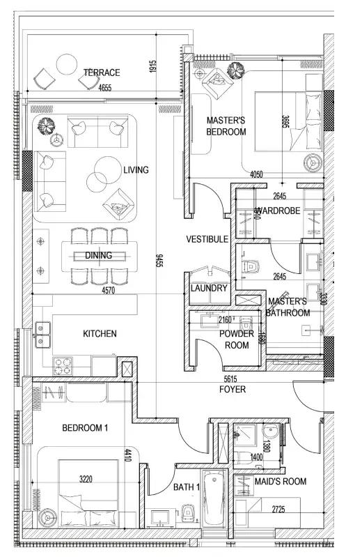 Naseem Al Jurf 2 bed floor plan, 1,345 sqft