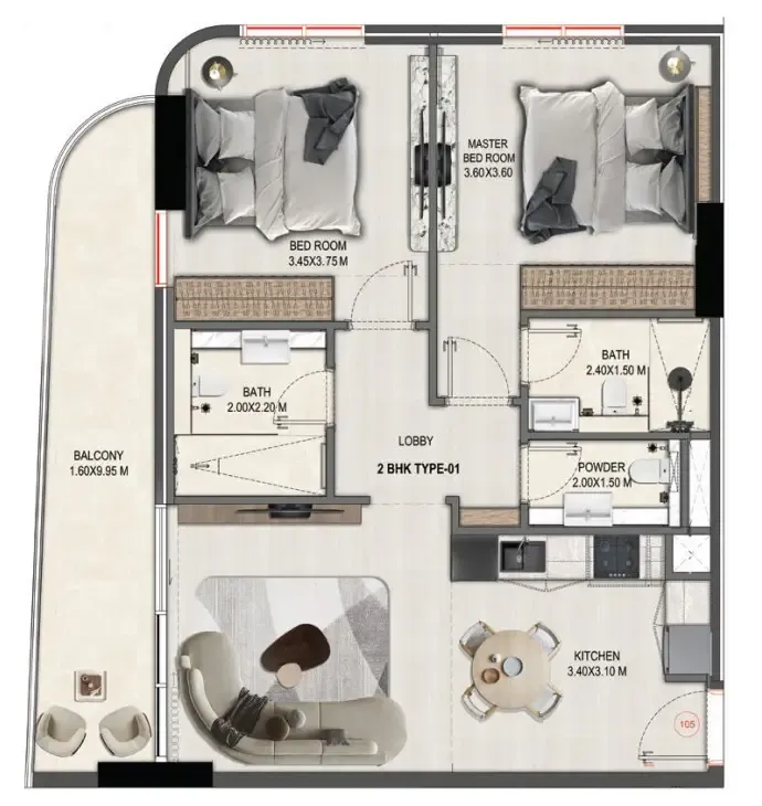 Divine Elements 2 bed floor plan, 933 sqft