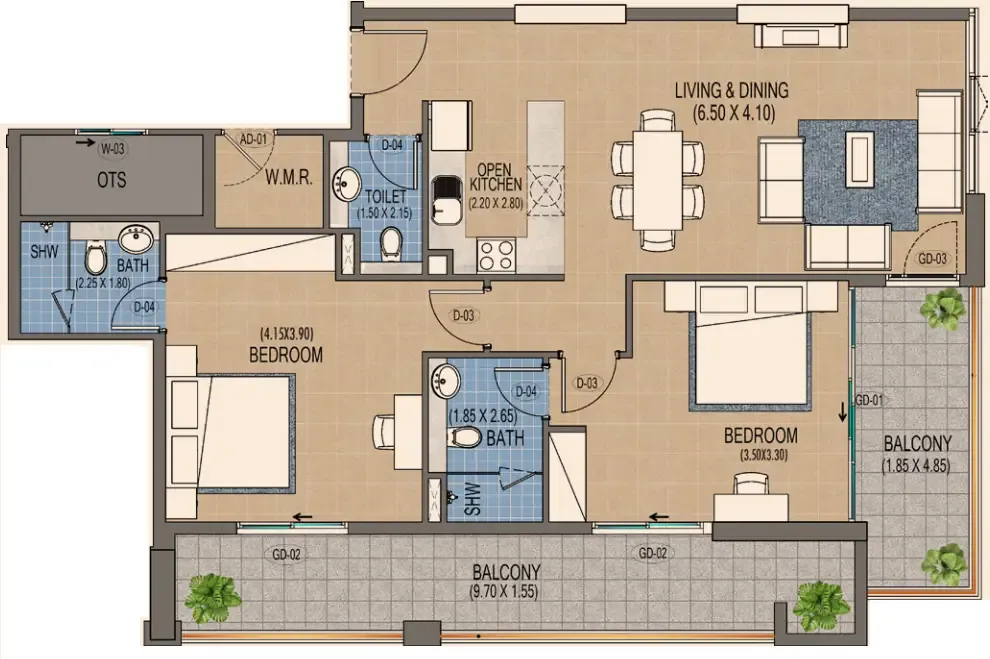 Triana Residences 2 bed floor plan, 1,349 sqft