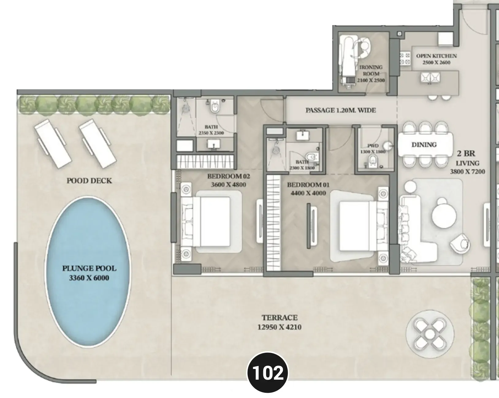 Wellington Ocean Walk 2 bed floor plan, 2,600 sqft