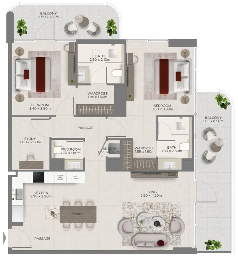 Ramada Residences by Wyndham at Dubai Islands 2 bed floor plan, 1,479 sqft