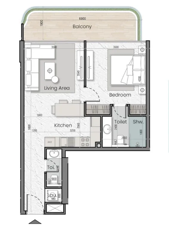 I'Sola Bella 1 bed floor plan, 729 sqft