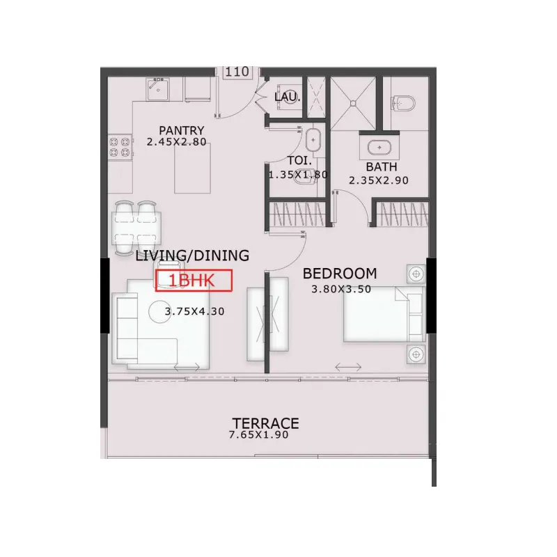 99 Parkplace 1 bed floor plan, 772 sqft