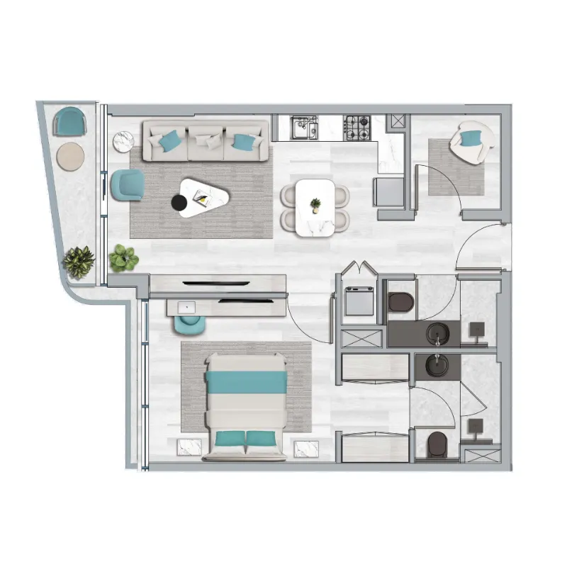 Flora Bay Residences 1 bed floor plan, 735 sqft
