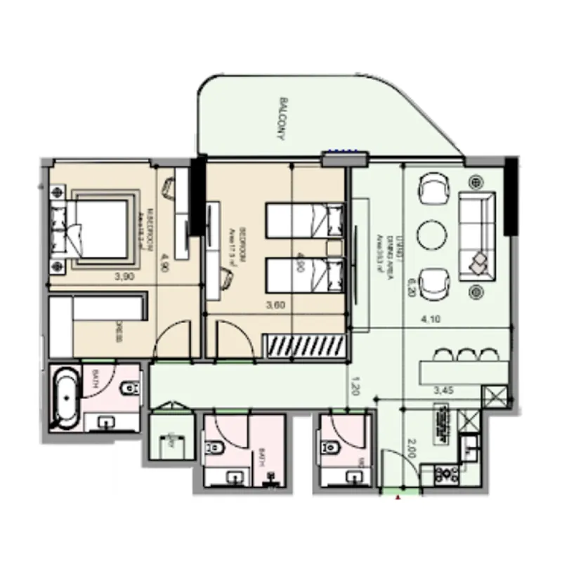 Edgewater Residences 1, 2 and 3 2 bed floor plan, 1,161 sqft