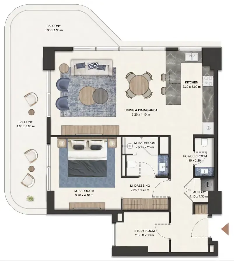 Seamont Autograph Collection Residences 1 bed floor plan, 1,283 – 1,284 sqft