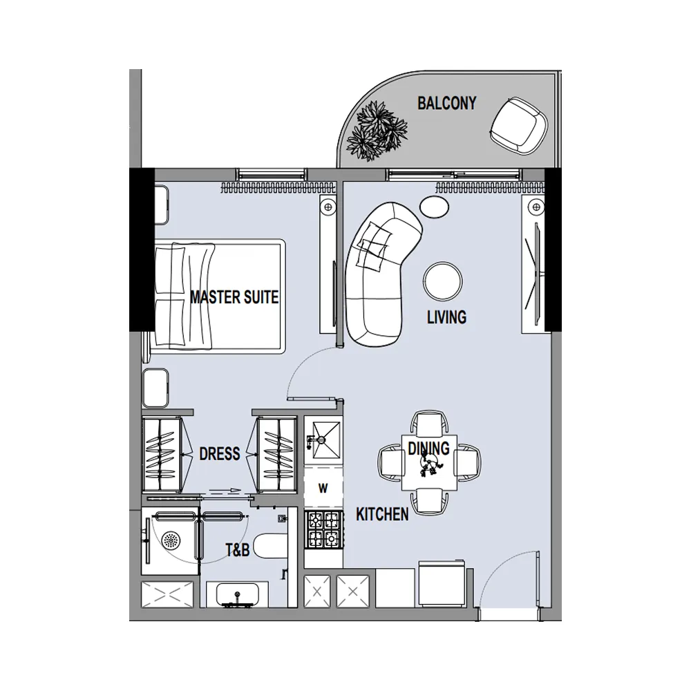 Verso 1 bed floor plan, 516 – 523 sqft