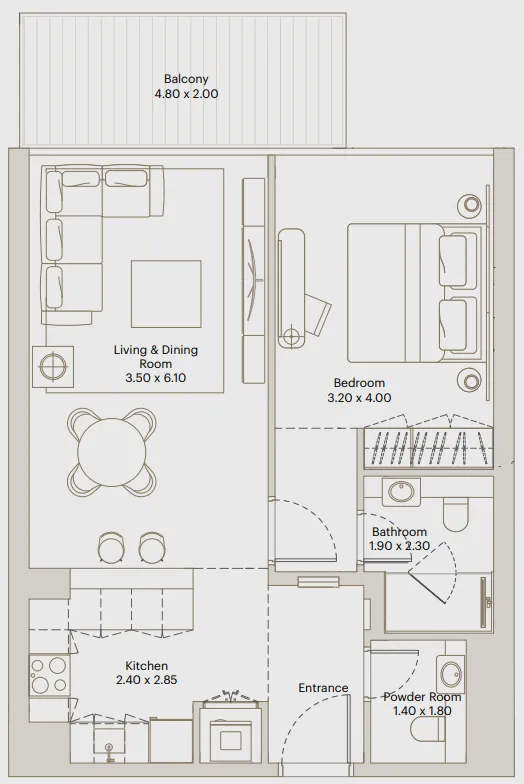 Eleve 1 bed floor plan, 782 – 847 sqft