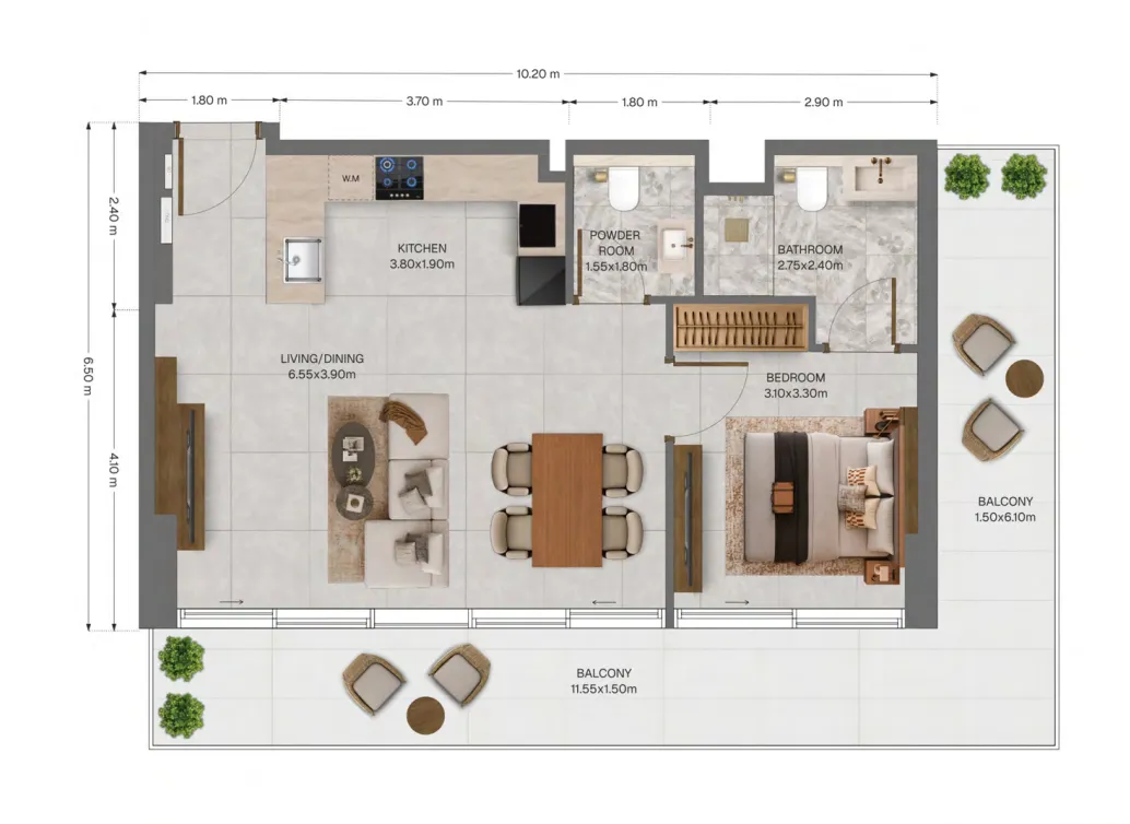 The Archive 1 bed floor plan, 972 sqft