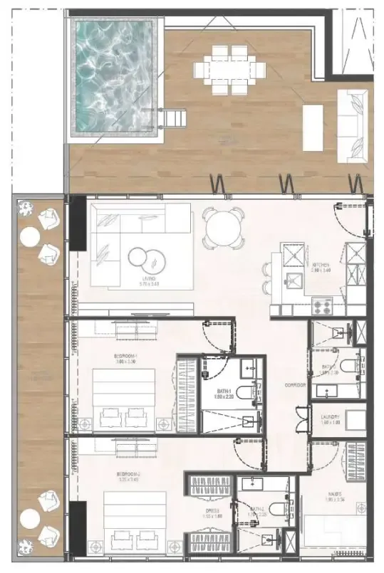Gharbi 2 Residences 2 bed floor plan, 1,732 sqft