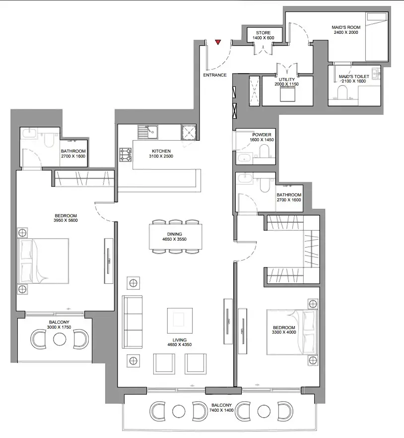 Skyscape 2 bed floor plan, 1,755 sqft