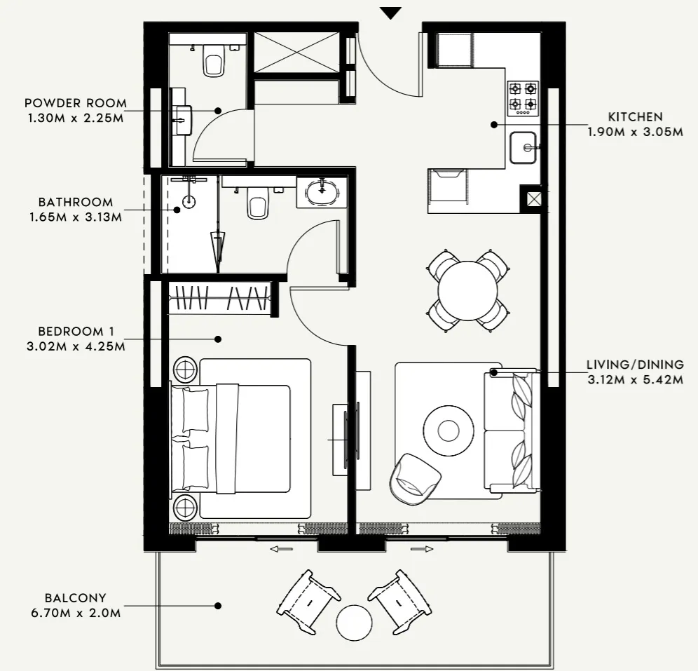 Azizi Venice 1 bed floor plan, 760 sqft