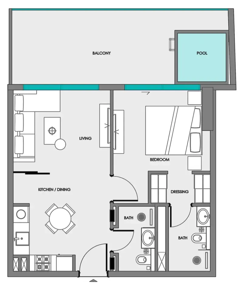 Samana Portside 1 bed floor plan, 805 sqft