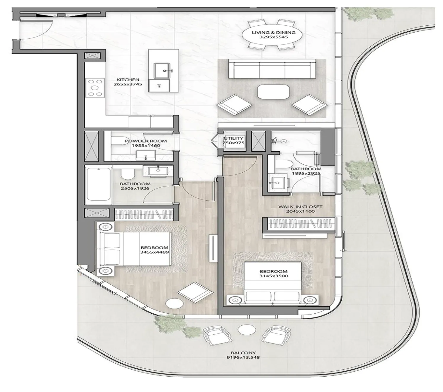 DG1 Living 2 bed floor plan, 1,662 – 1,859 sqft