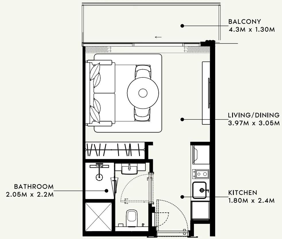 Azizi Milan Studio floor plan, 326 sqft
