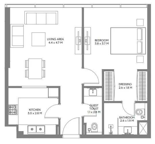 The Gate 3 and 4 1 bed floor plan, 726 sqft