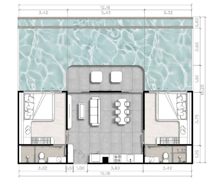 The Element 2 bed floor plan, 1,343 sqft