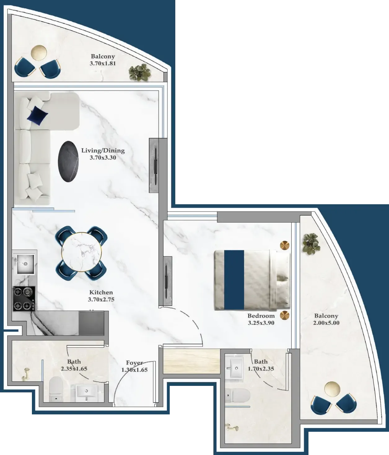Serenz 1 bed floor plan, 600 sqft