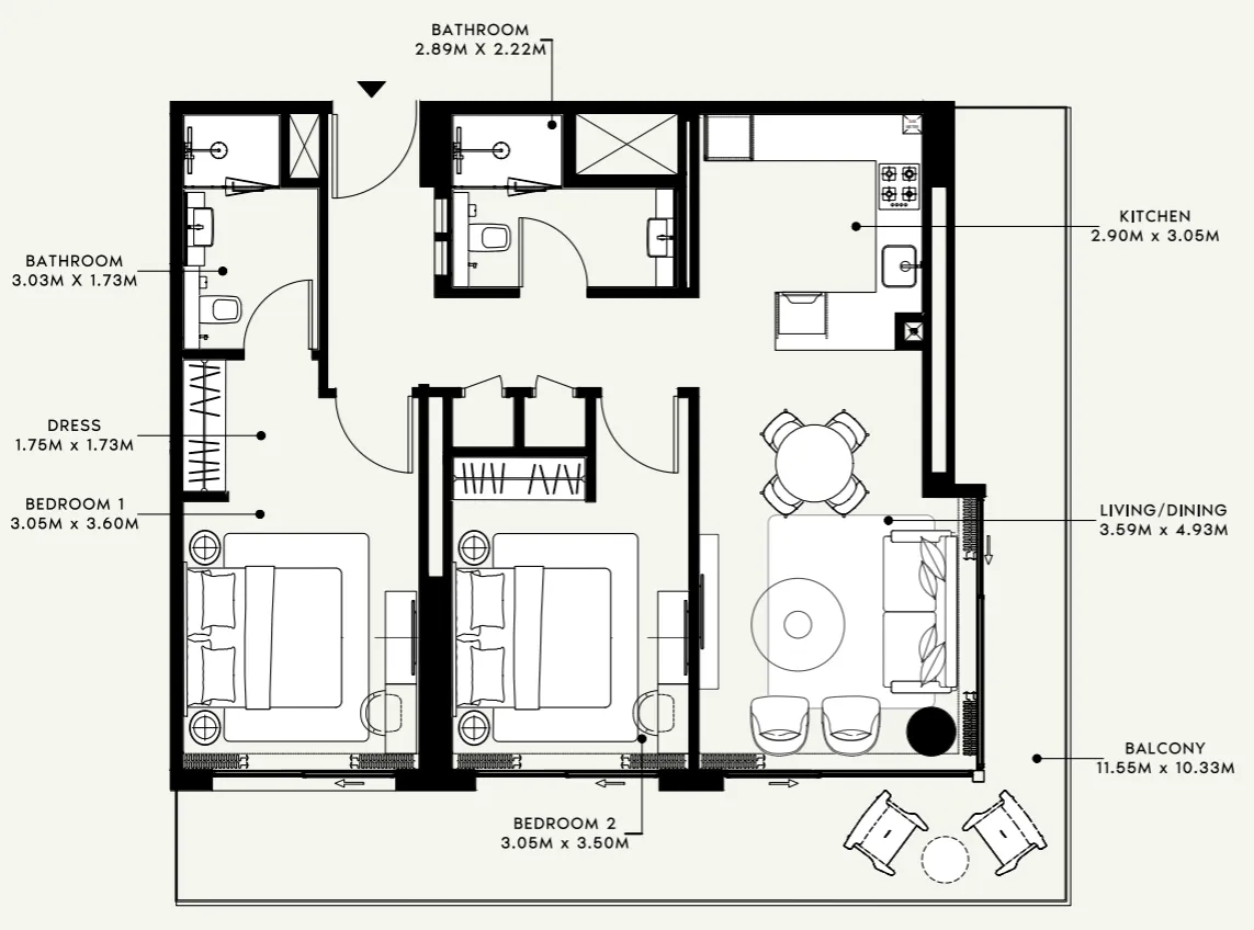 Azizi Venice 2 bed floor plan, 1,248 sqft