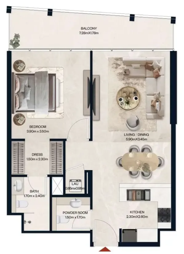 Norah Residence 1 bed floor plan, 768 sqft