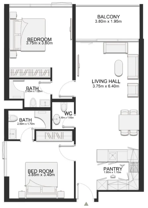 Ashley Hills 2 bed floor plan, 976 – 977 sqft