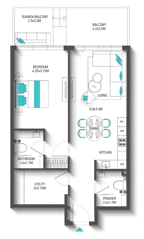 Reef 996 1 bed floor plan, 884 sqft
