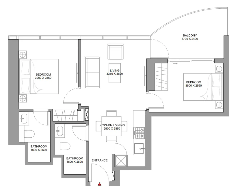 Sobha Aquamont 2 bed floor plan, 732 – 741 sqft