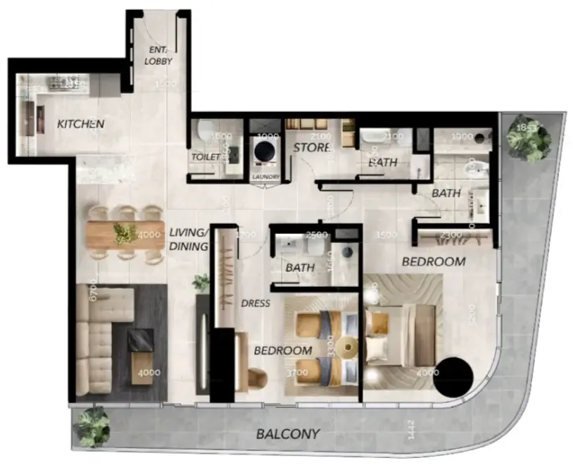 Radiant Waves 2 bed floor plan, 1,542 sqft