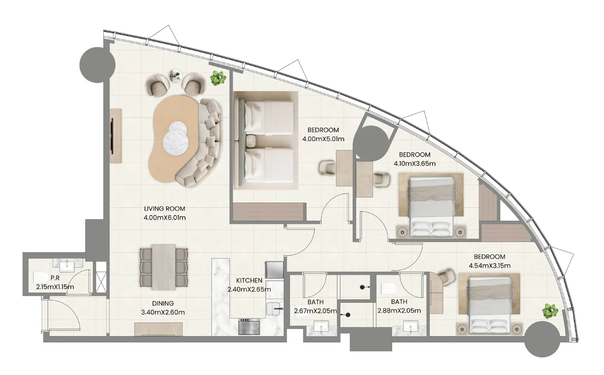 Leaf Tower 3 bed floor plan, 1,227 sqft