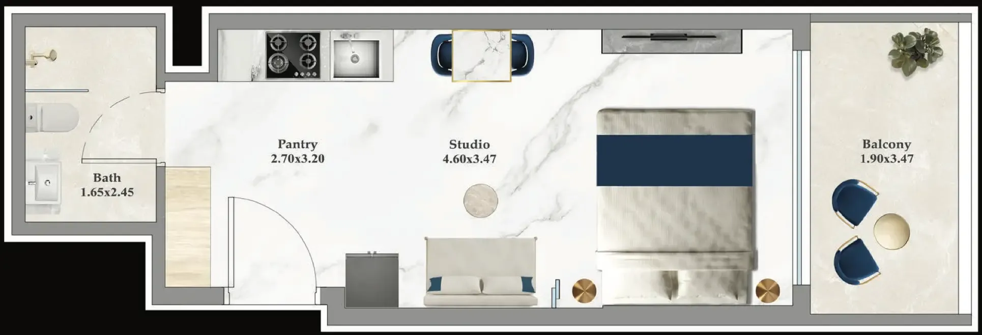 Aspirz Studio floor plan, 383 – 394 sqft
