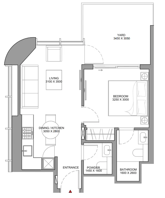 Sobha Aquamont 1 bed floor plan, 620 sqft