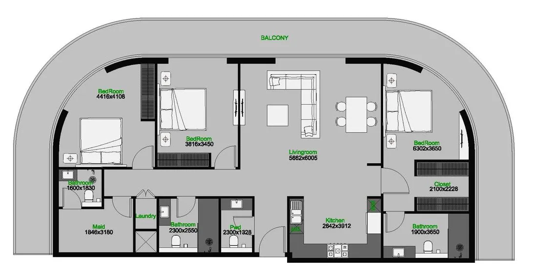 The Central Downtown 3 bed floor plan, 2,204 sqft