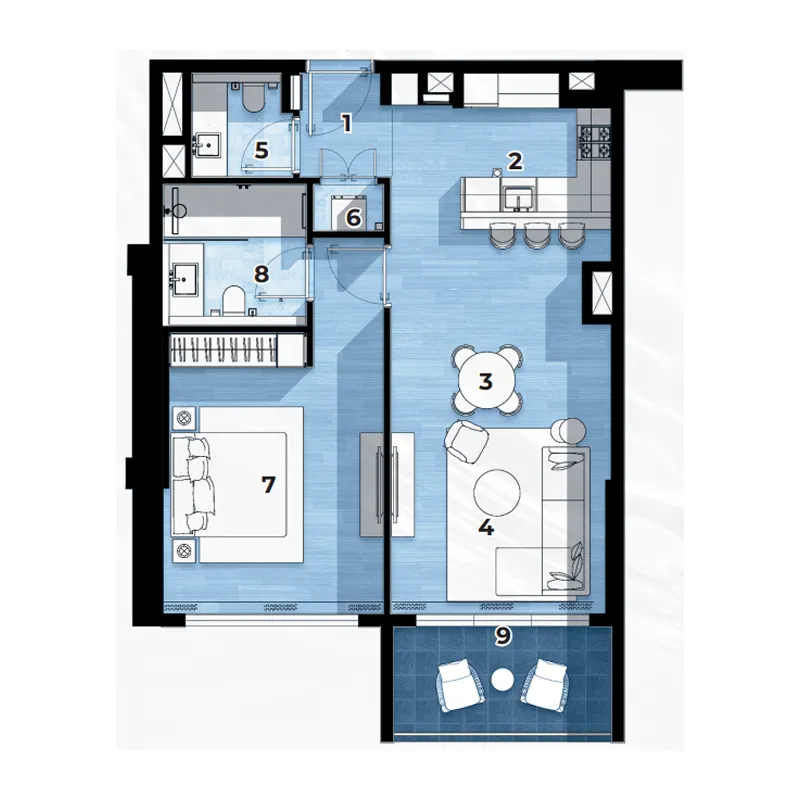 Al Hamra Waterfront 1 bed floor plan, 988 sqft
