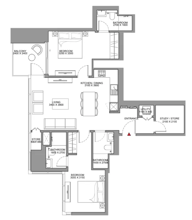 Skyscape 2 bed floor plan, 1,491 sqft