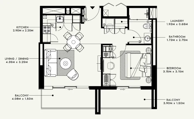 Beach Oasis 1 and 2 1 bed floor plan, 677 – 741 sqft