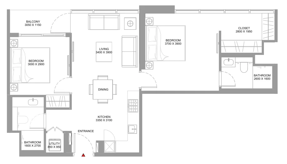 Starline Beach Residences 2 bed floor plan, 839 – 840 sqft