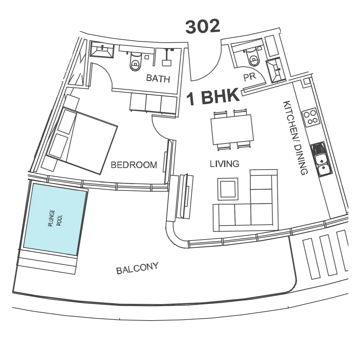 Villa Del Garda 1 bed floor plan, 908 sqft