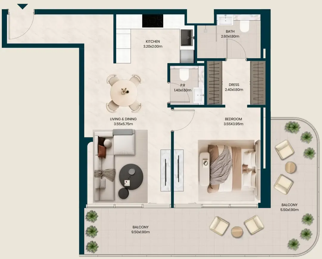 Kyomi Residences 1 bed floor plan, 971 sqft