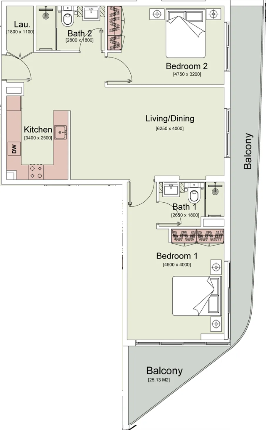 Trafford Residences 2 bed floor plan, 1,261 sqft