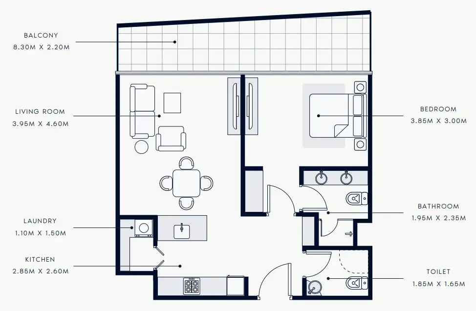 Riviera Rêve 1 bed floor plan, 848 – 849 sqft