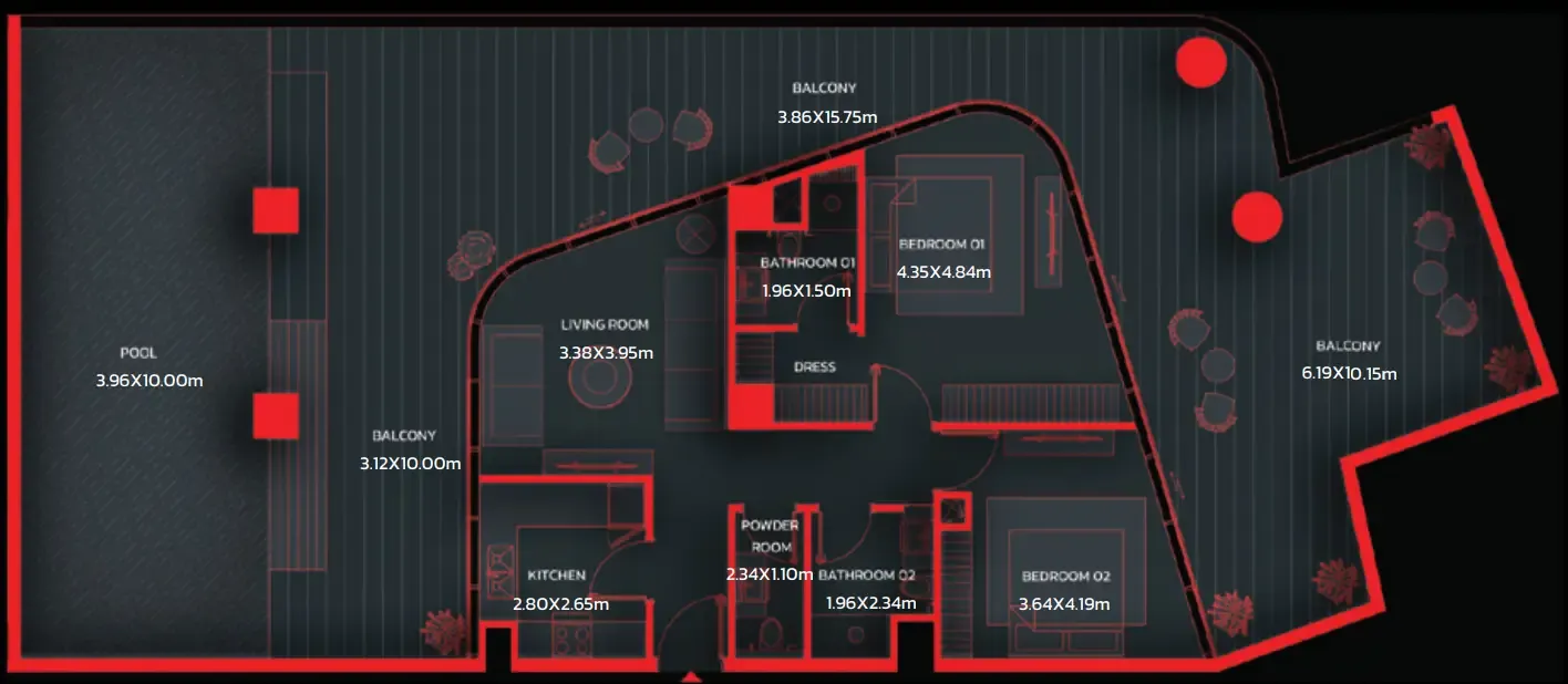 Tonino Lamborghini Residences by BNW Developments 2 bed floor plan, 2,260 – 2,308 sqft