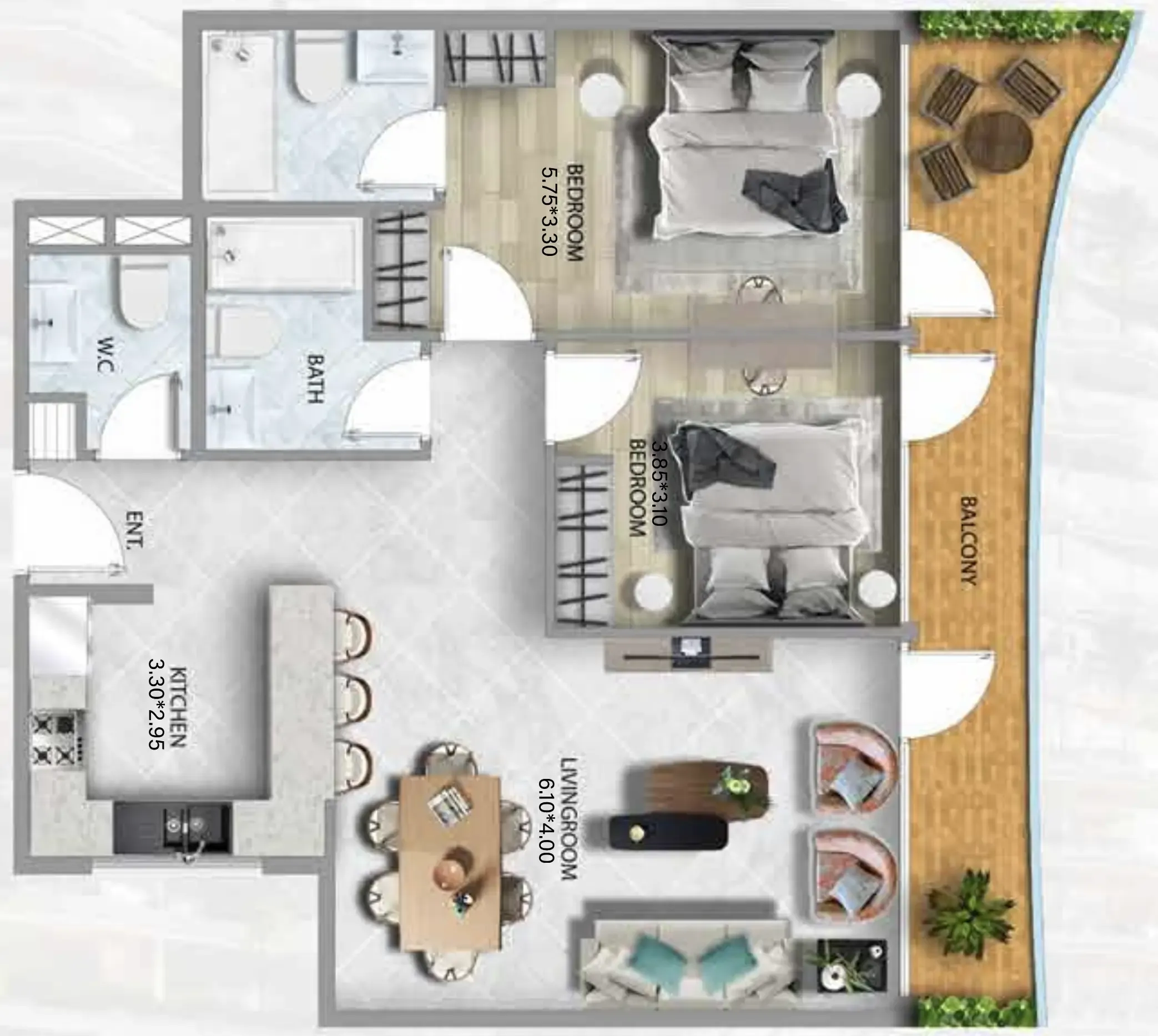 311 Boulevard 2 bed floor plan, 1,111 sqft
