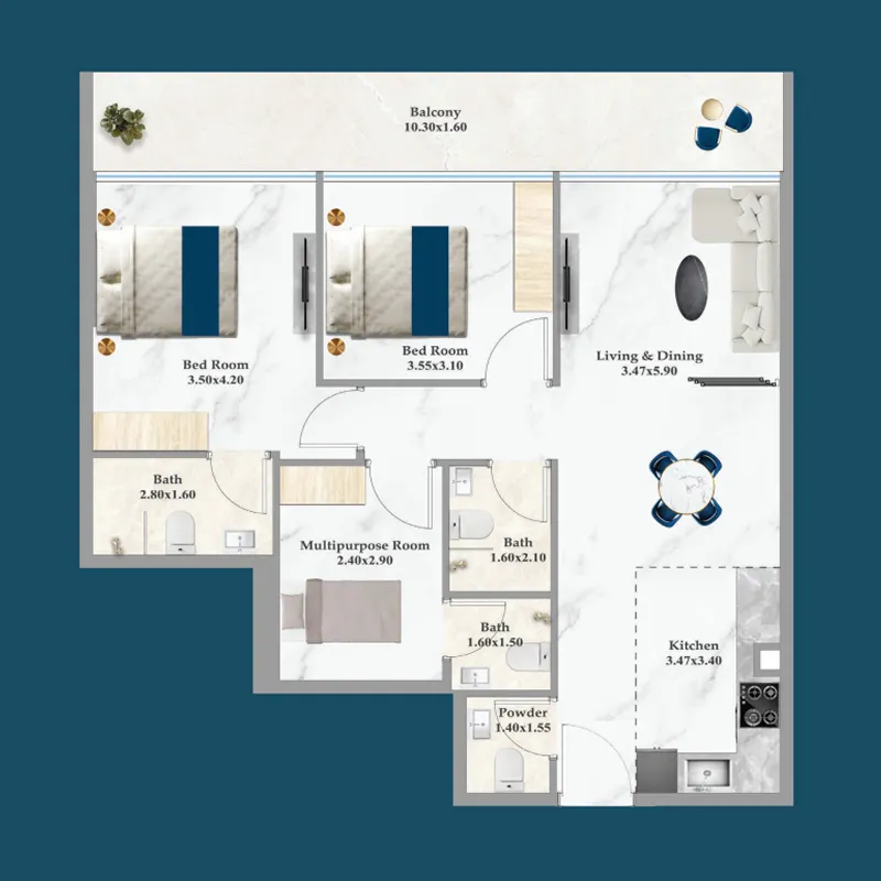 Sparklz 2 bed floor plan, 1,073 – 1,091 sqft